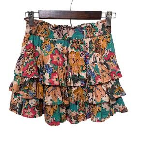 Love the Label Womens Tiered Ruffle Willow Mini Skirt Smocked Waist Colorful S